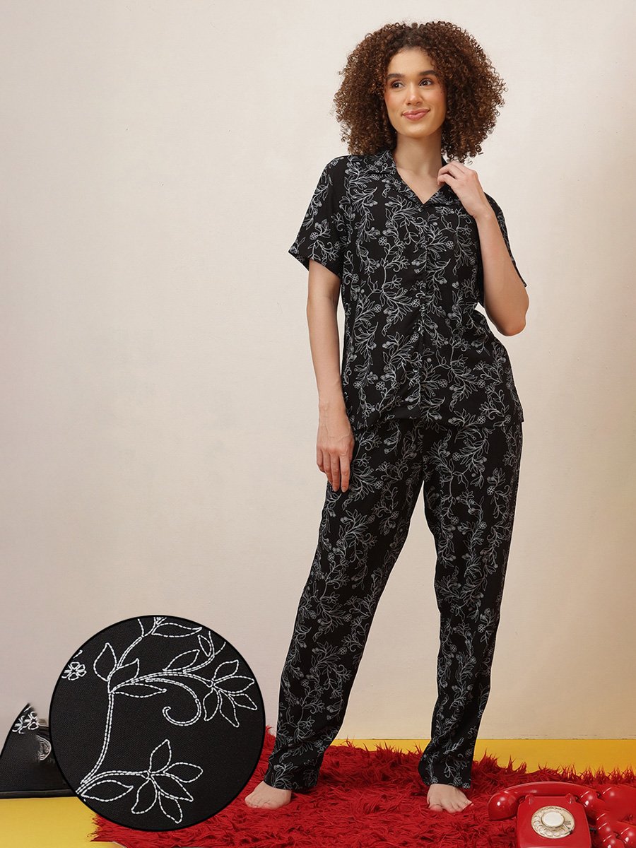 Black Floral Printed Knitted Pyjama Set