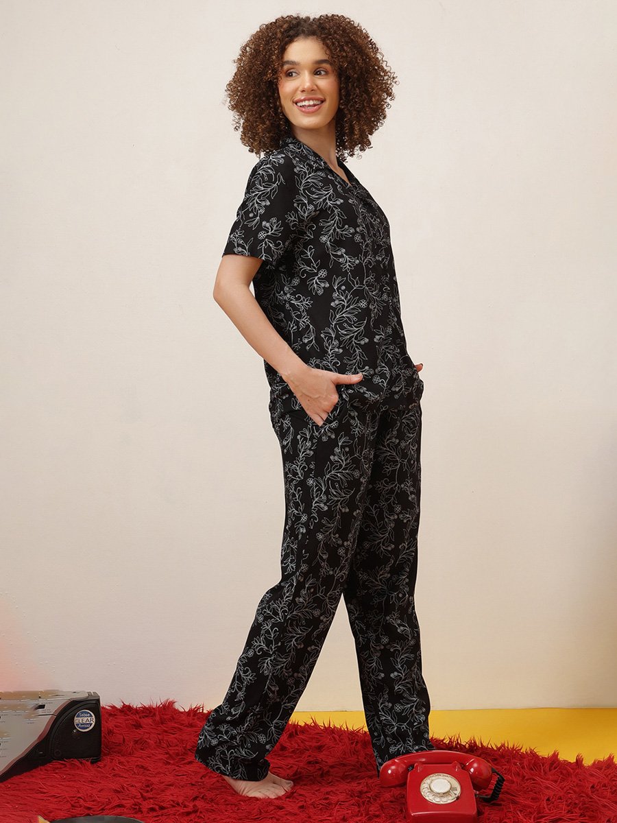 Black Floral Printed Knitted Pyjama Set