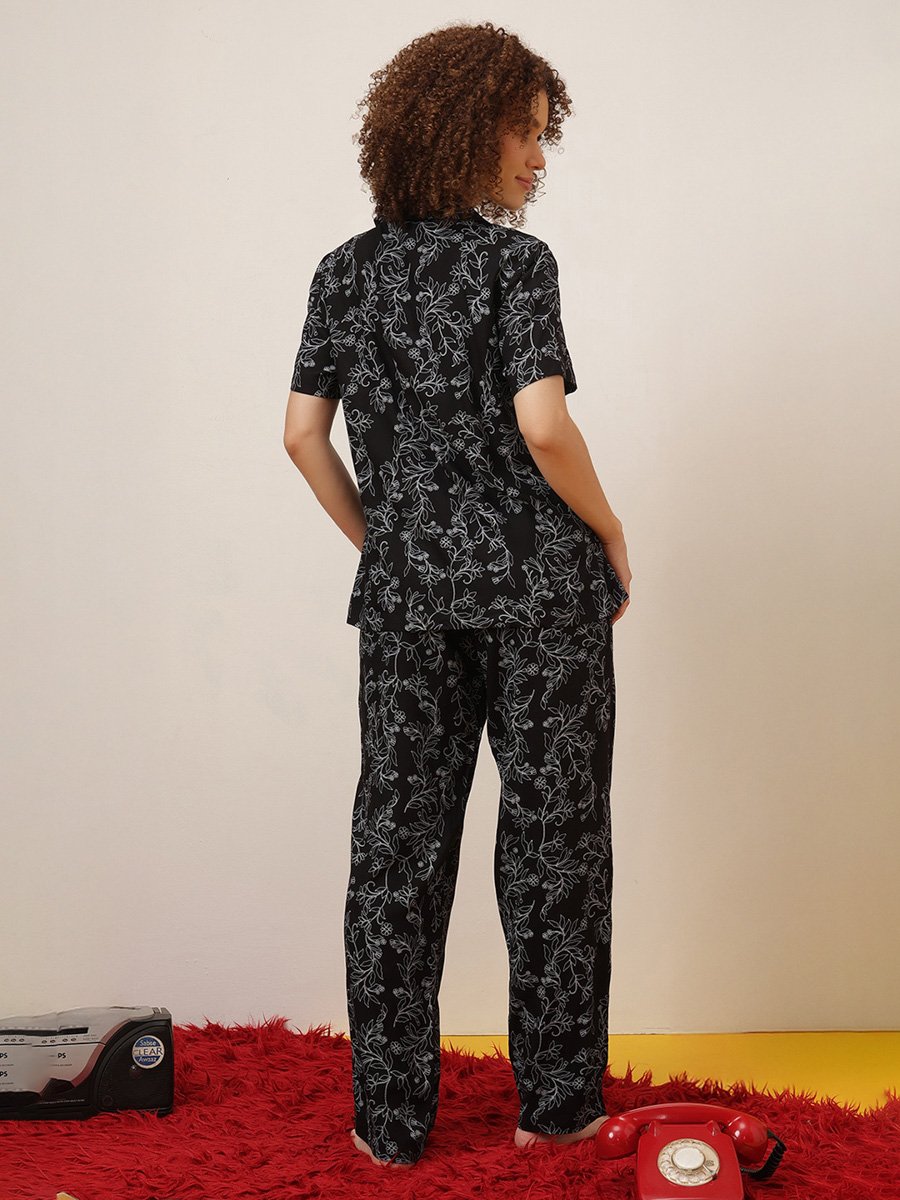 Black Floral Printed Knitted Pyjama Set
