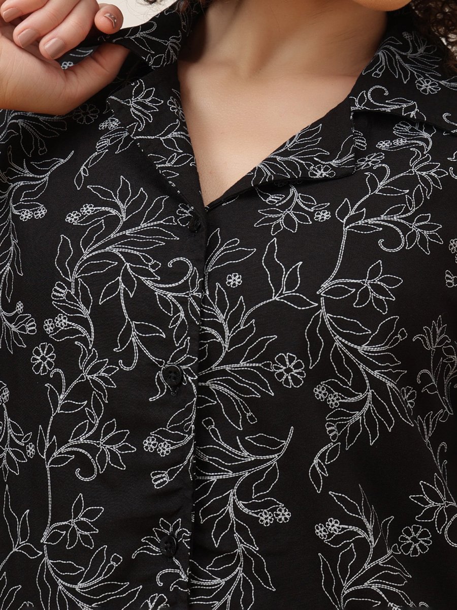Black Floral Printed Knitted Pyjama Set