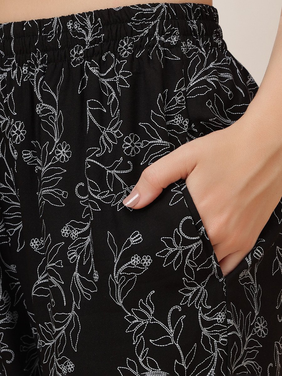 Black Floral Printed Knitted Pyjama Set
