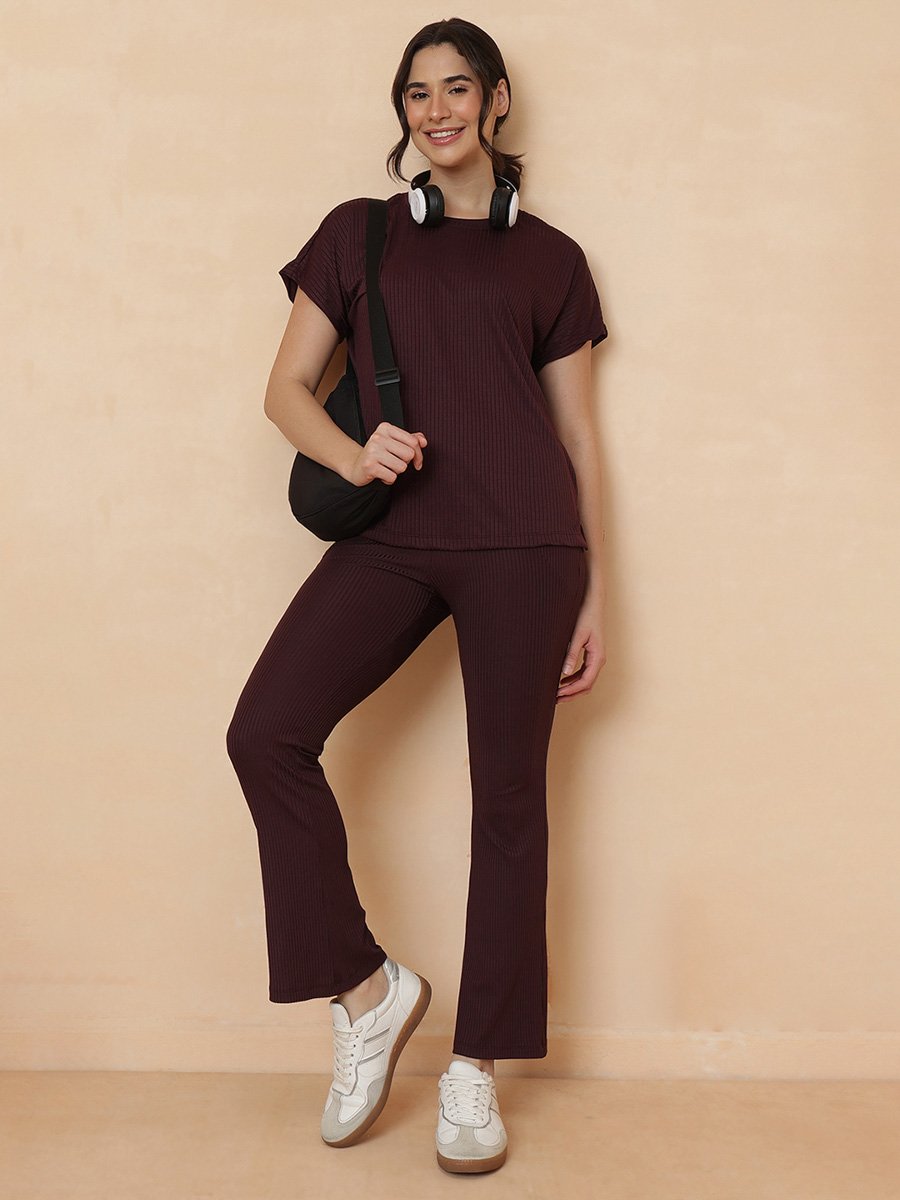 Maroon Ribbed Top And Pants Loungewear Set