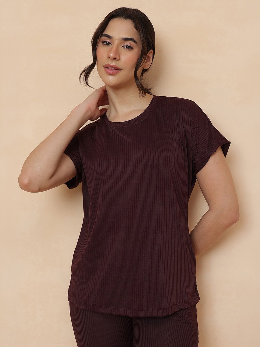 Maroon Ribbed Top And Pants Loungewear Set
