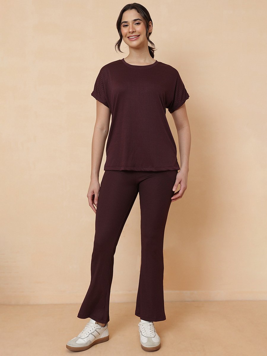 Maroon Ribbed Top And Pants Loungewear Set