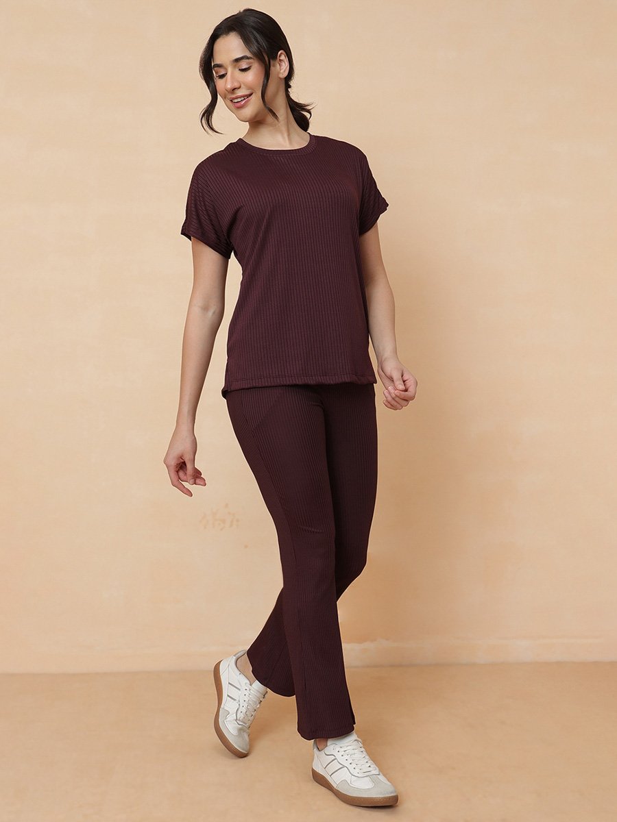 Maroon Ribbed Top And Pants Loungewear Set