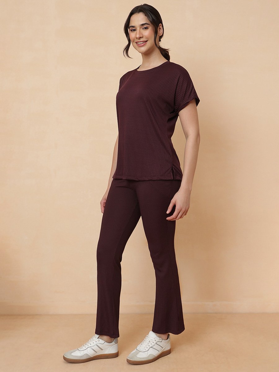 Maroon Ribbed Top And Pants Loungewear Set