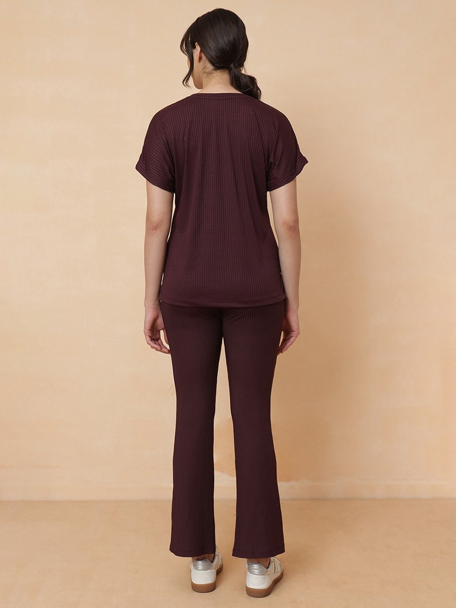 Maroon Ribbed Top And Pants Loungewear Set