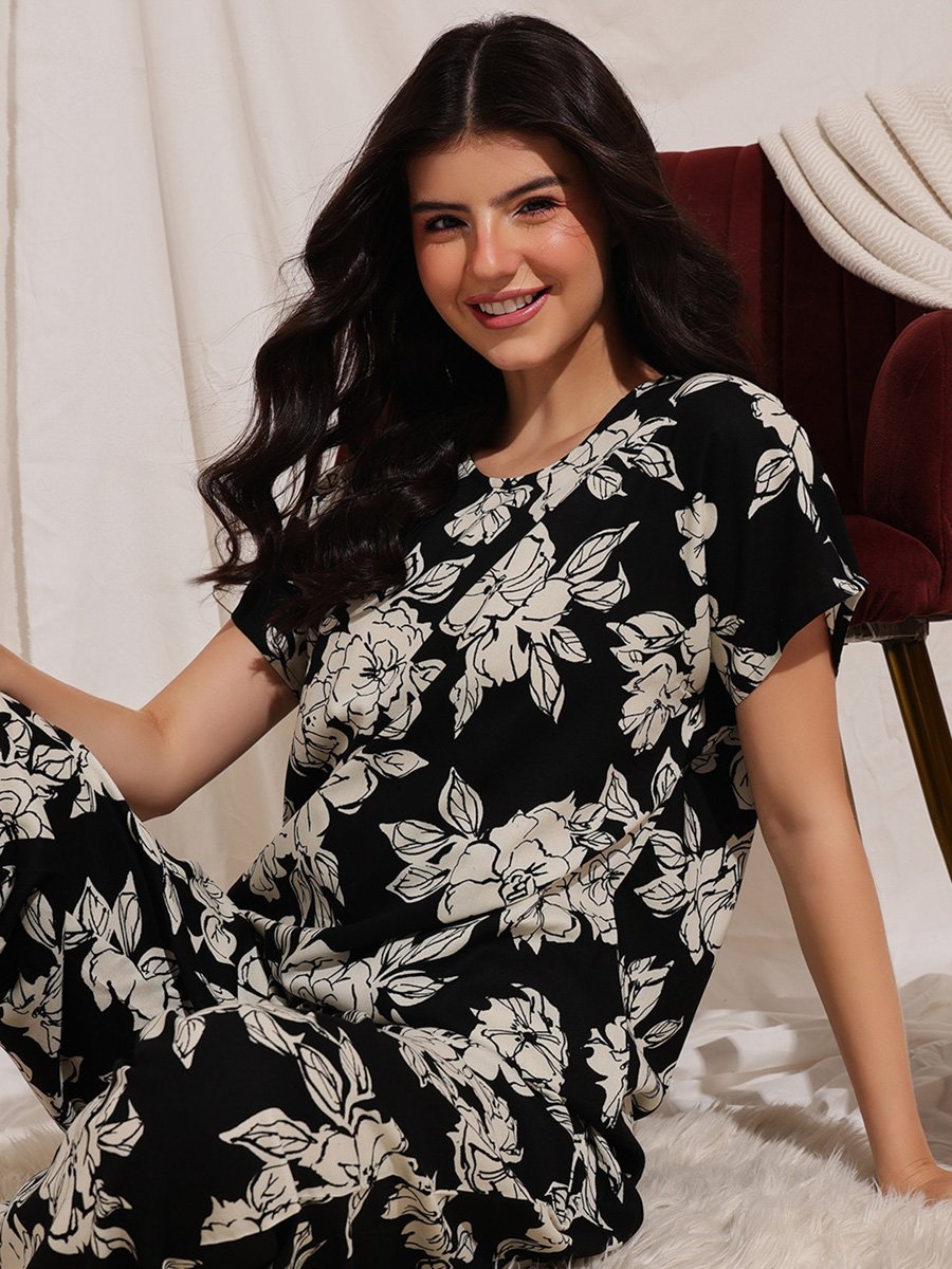 Black Floral Print Rayon Pyjama Set