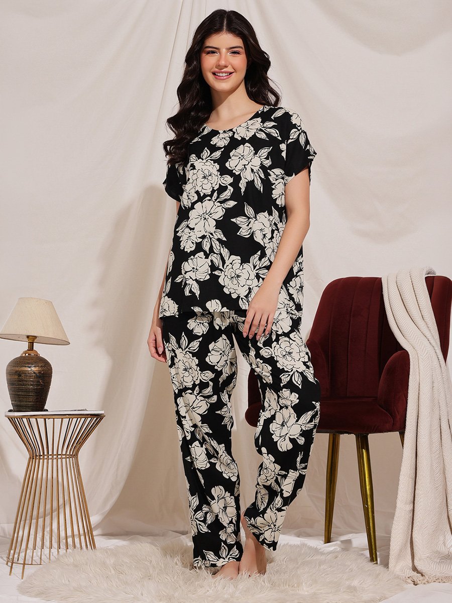 Black Floral Print Rayon Pyjama Set