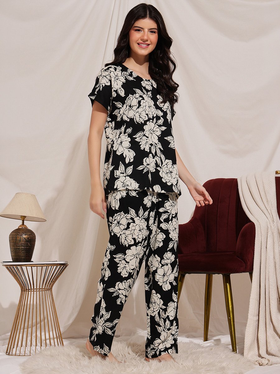 Black Floral Print Rayon Pyjama Set