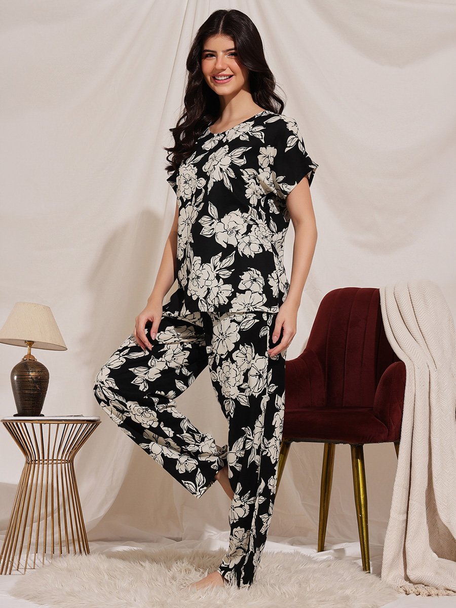 Black Floral Print Rayon Pyjama Set