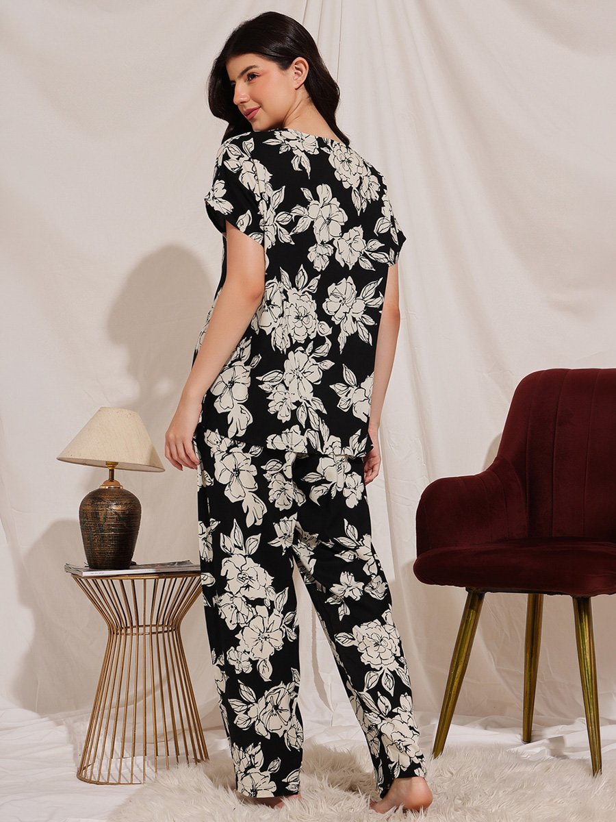 Black Floral Print Rayon Pyjama Set