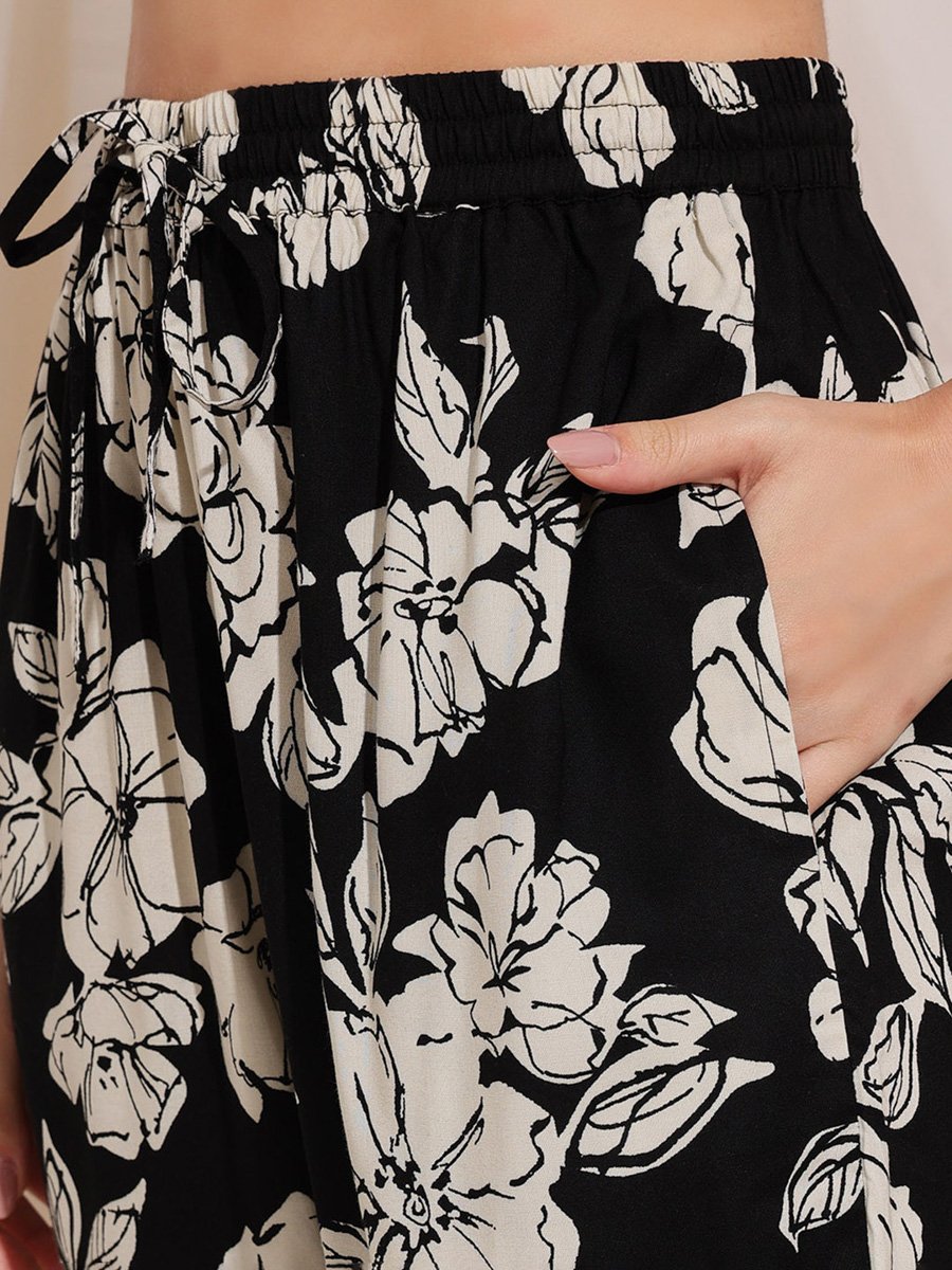 Black Floral Print Rayon Pyjama Set