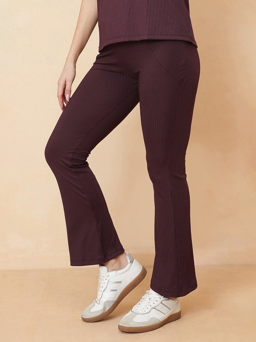 Brown Ribbed Flared Active Pants with Pockets