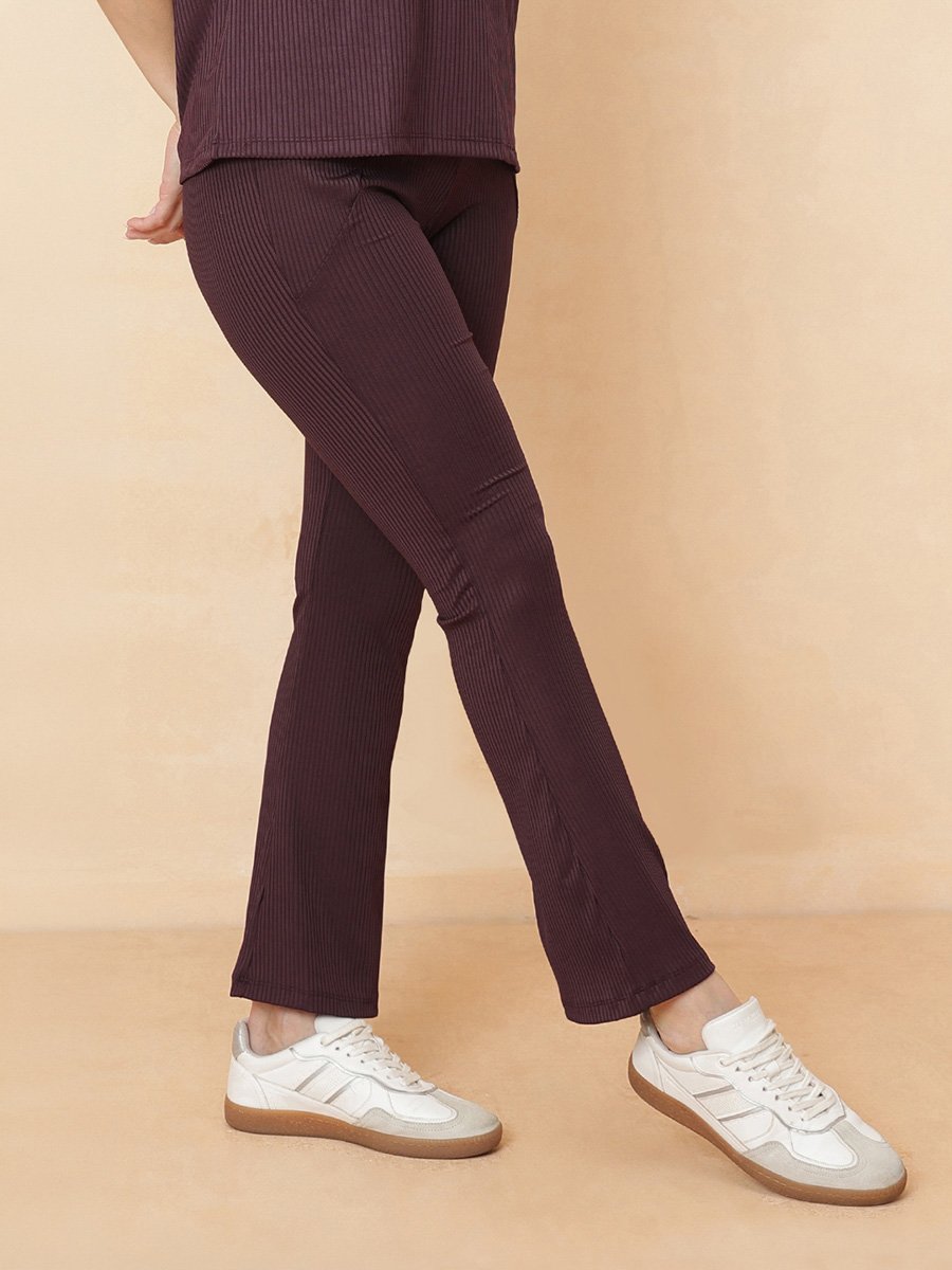 Brown Ribbed Flared Active Pants with Pockets