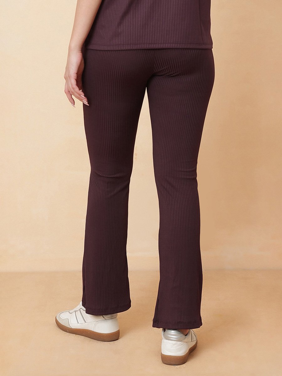 Brown Ribbed Flared Active Pants with Pockets