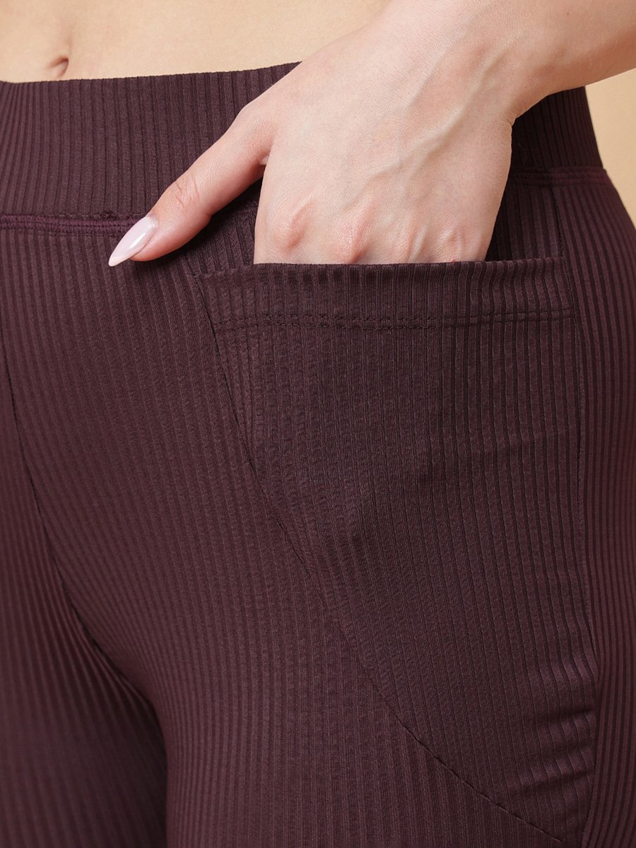 Brown Ribbed Flared Active Pants with Pockets