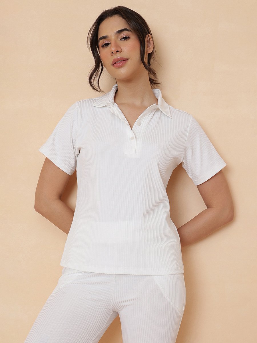 White Ribbed PoloT-Shirt