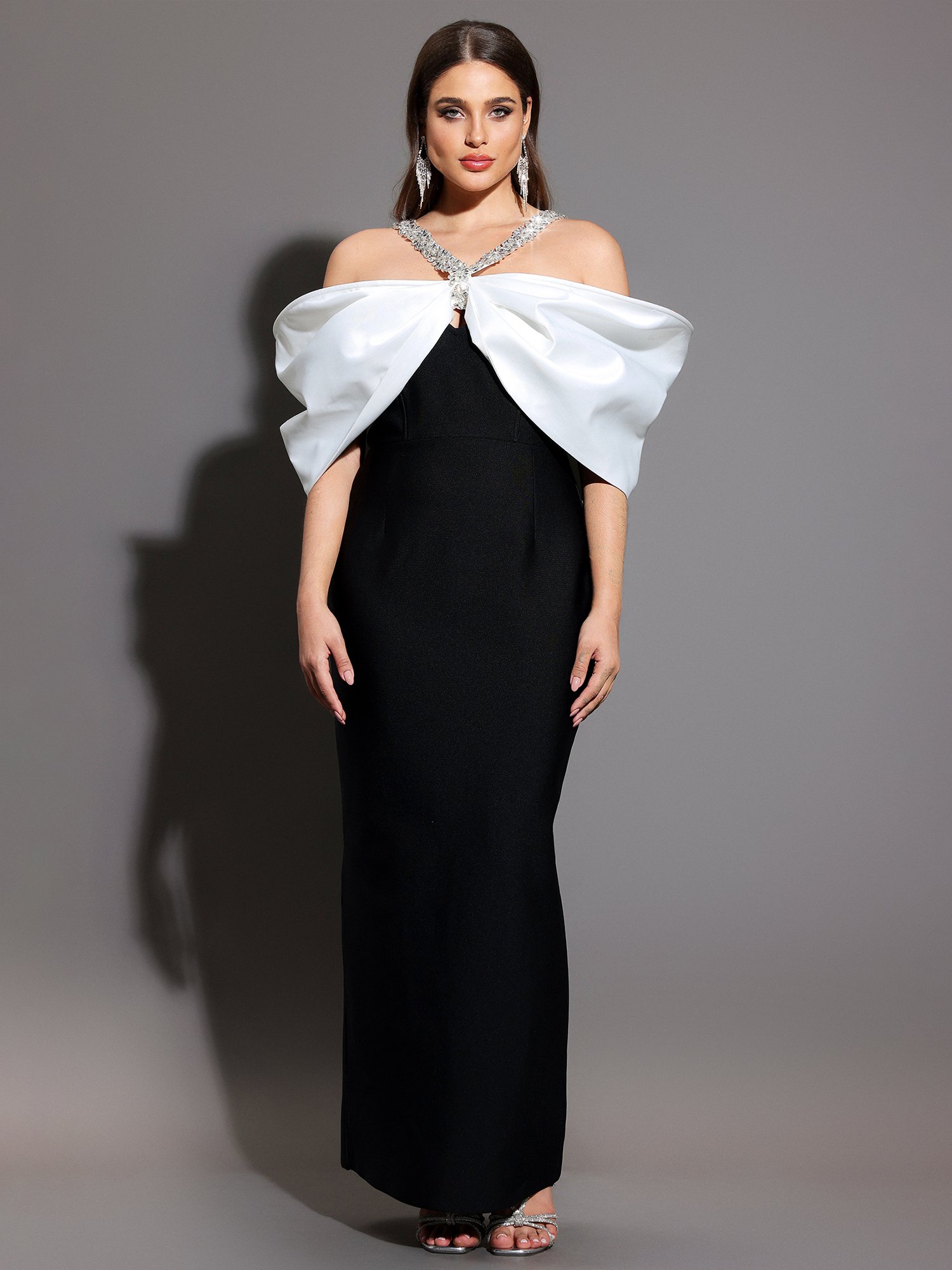 Embellished Maxi Sheath Dress with Off-Shoulder Bow Detail