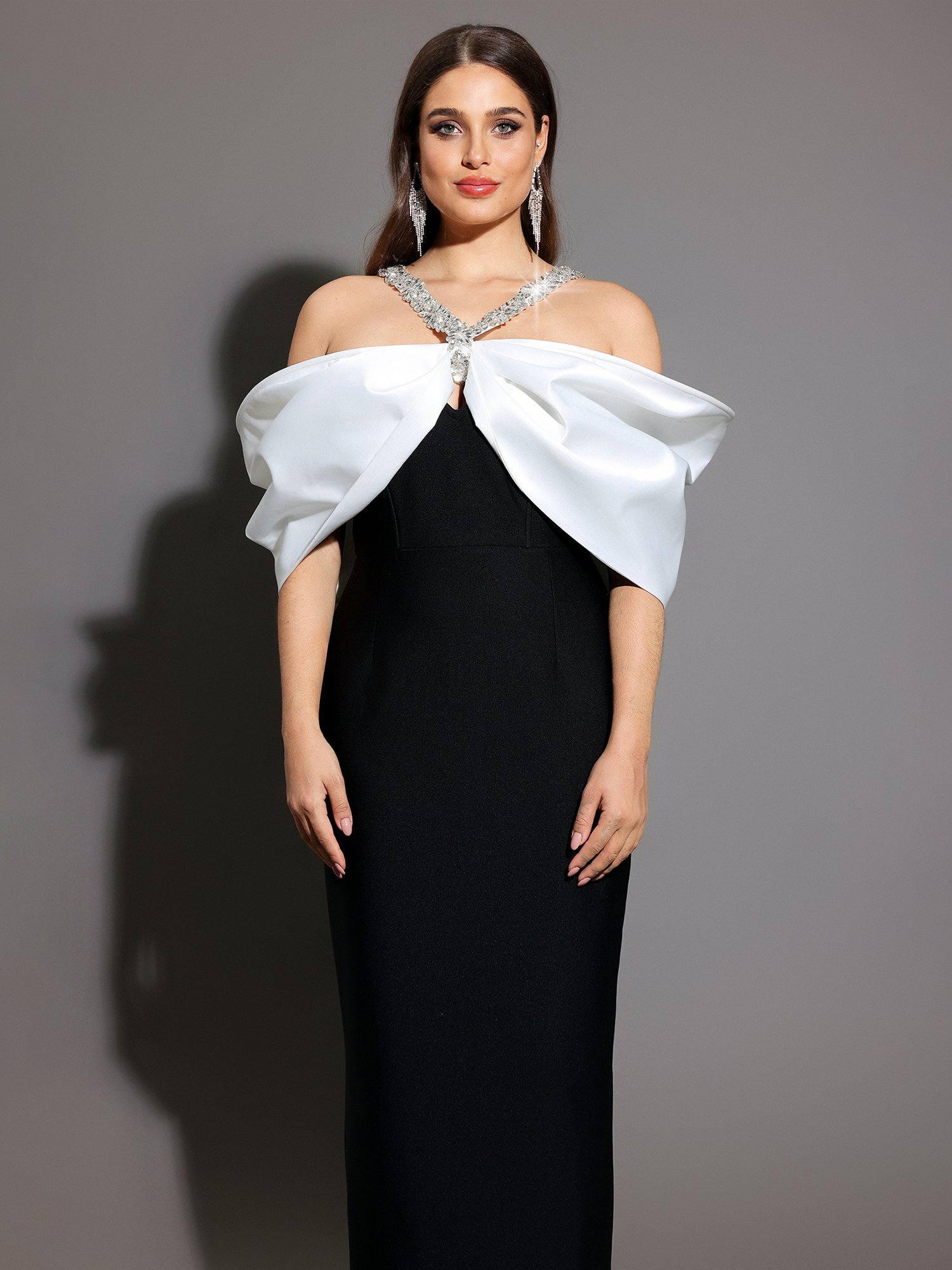 Embellished Maxi Sheath Dress with Off-Shoulder Bow Detail