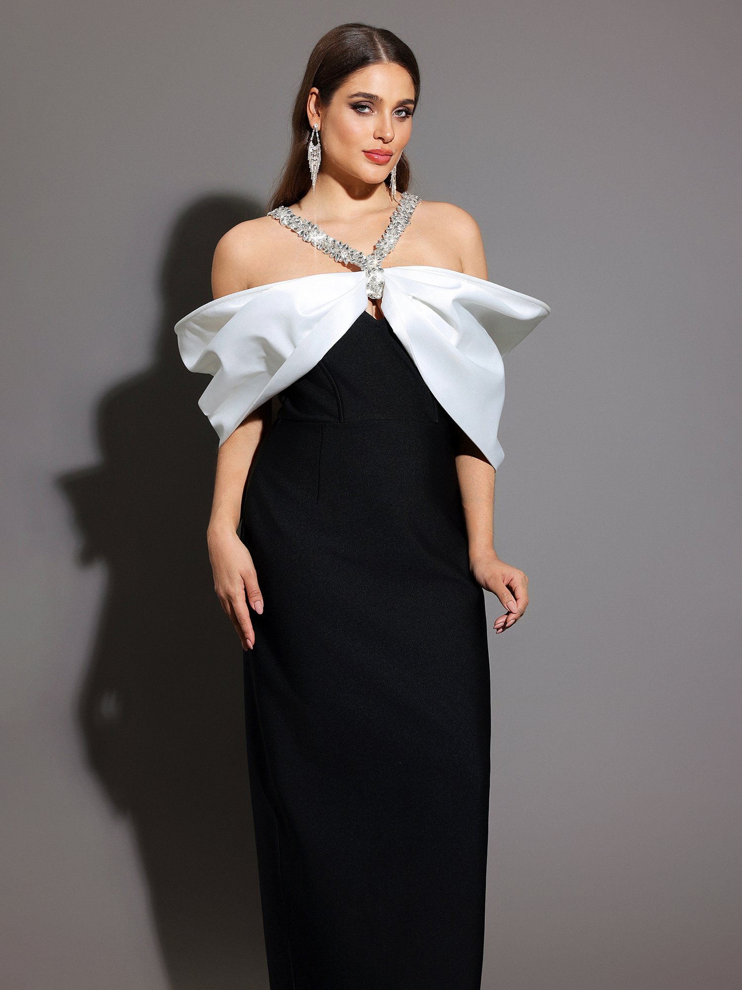 Embellished Maxi Sheath Dress with Off-Shoulder Bow Detail