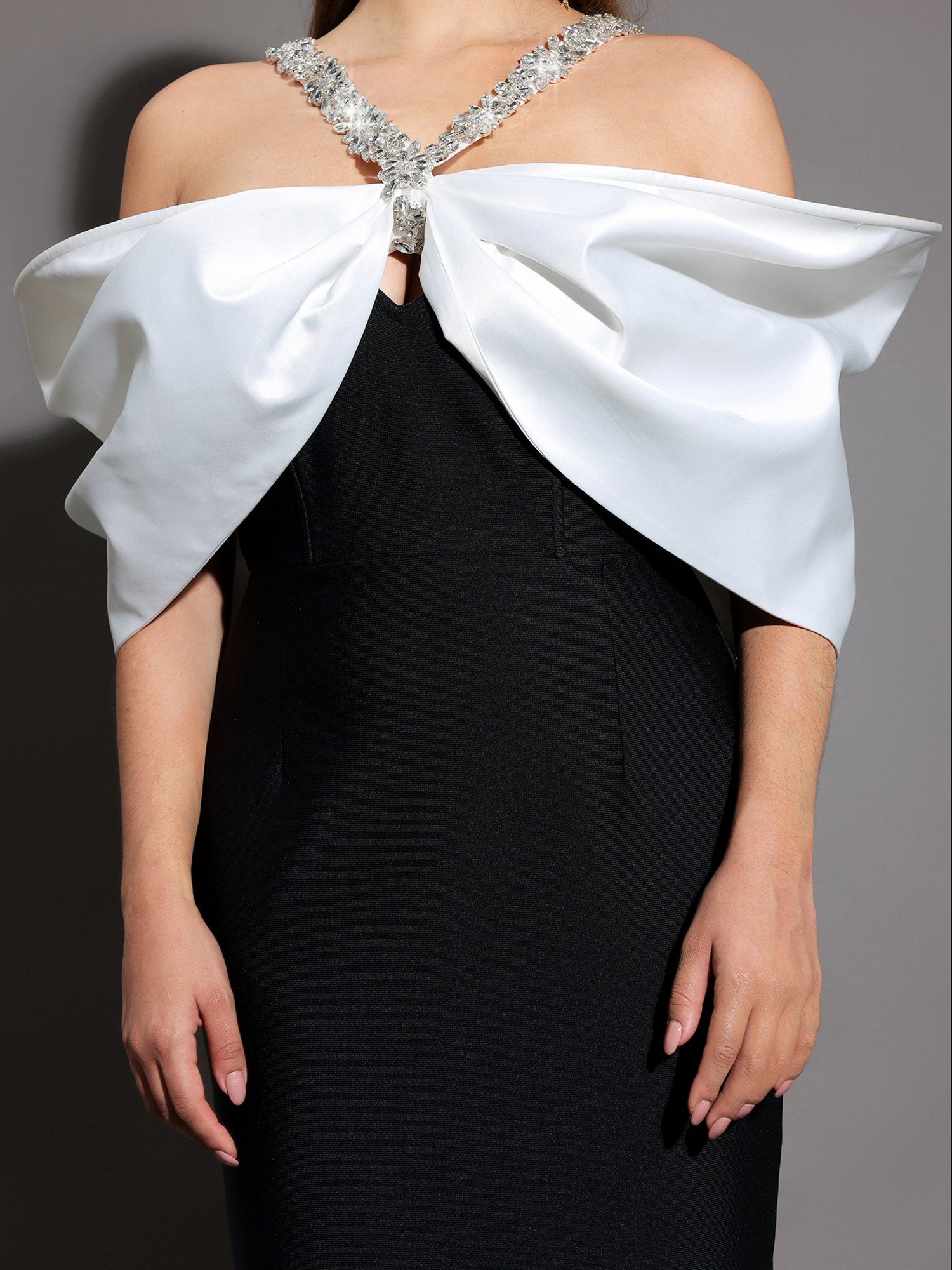 Embellished Maxi Sheath Dress with Off-Shoulder Bow Detail
