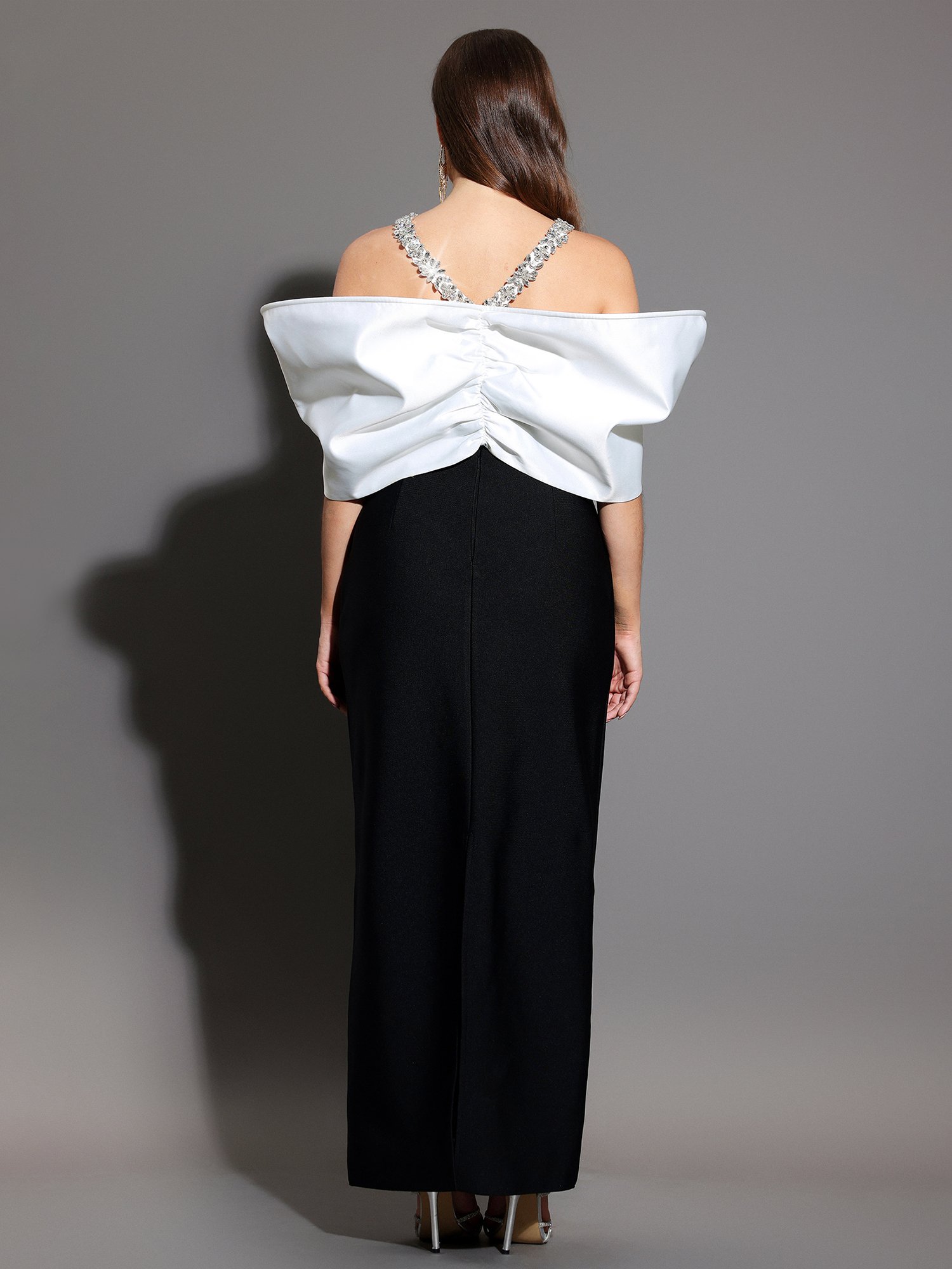 Embellished Maxi Sheath Dress with Off-Shoulder Bow Detail