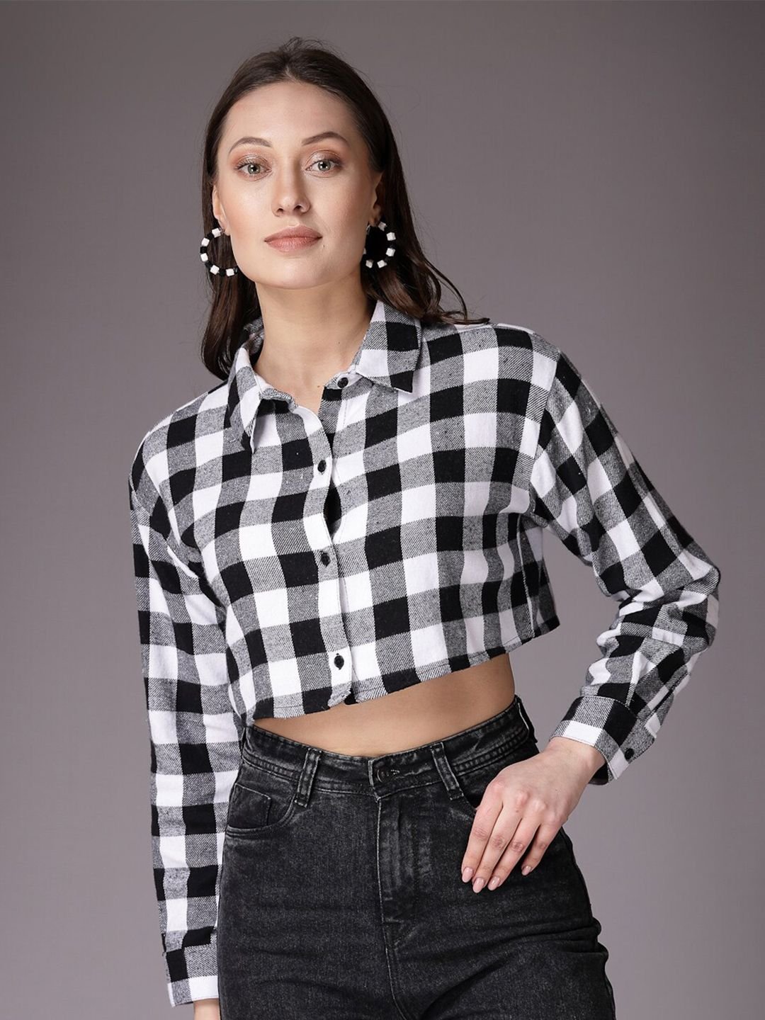 Monochrome Checked Long Sleeves Shirt