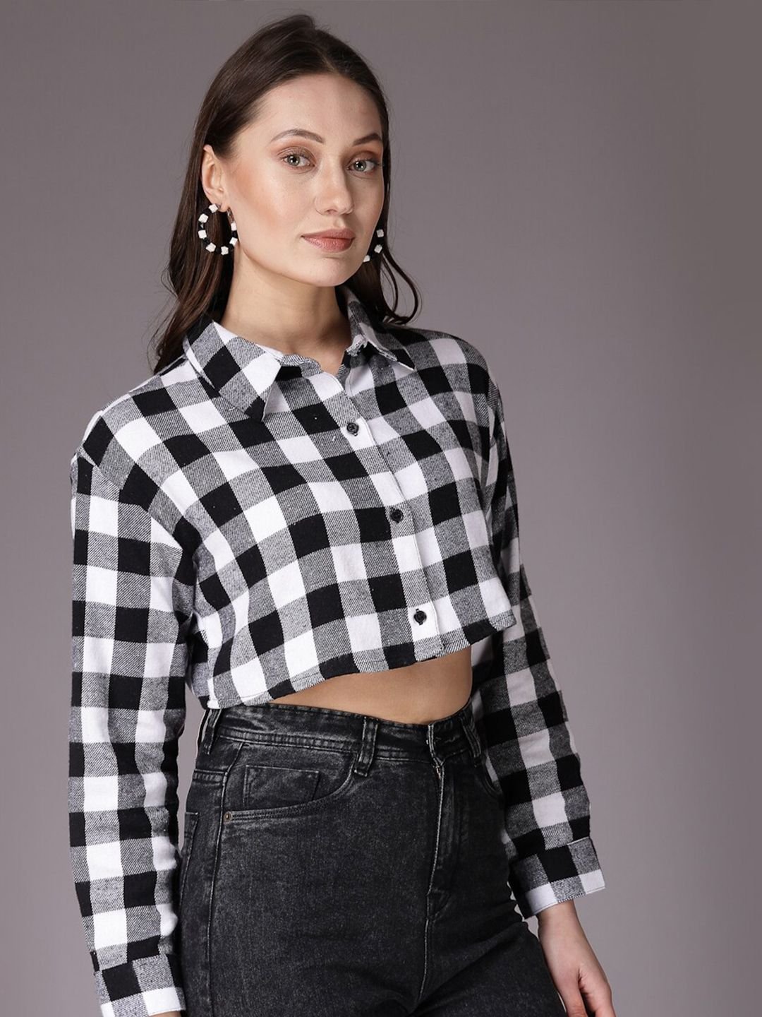 Monochrome Checked Long Sleeves Shirt