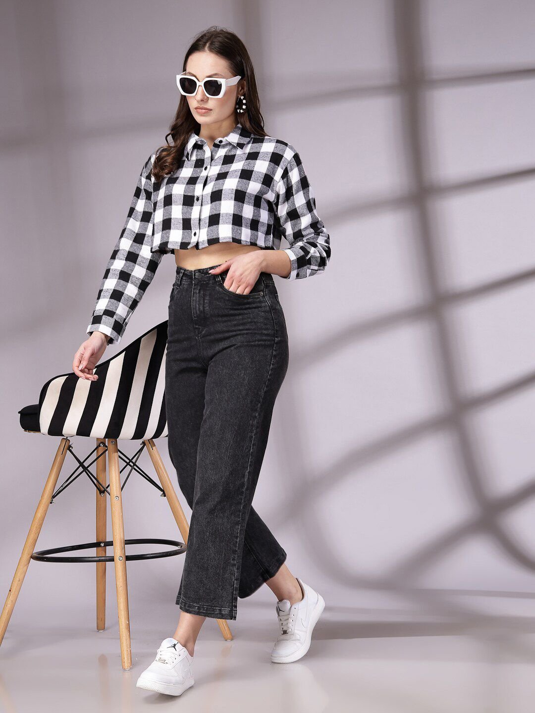 Monochrome Checked Long Sleeves Shirt
