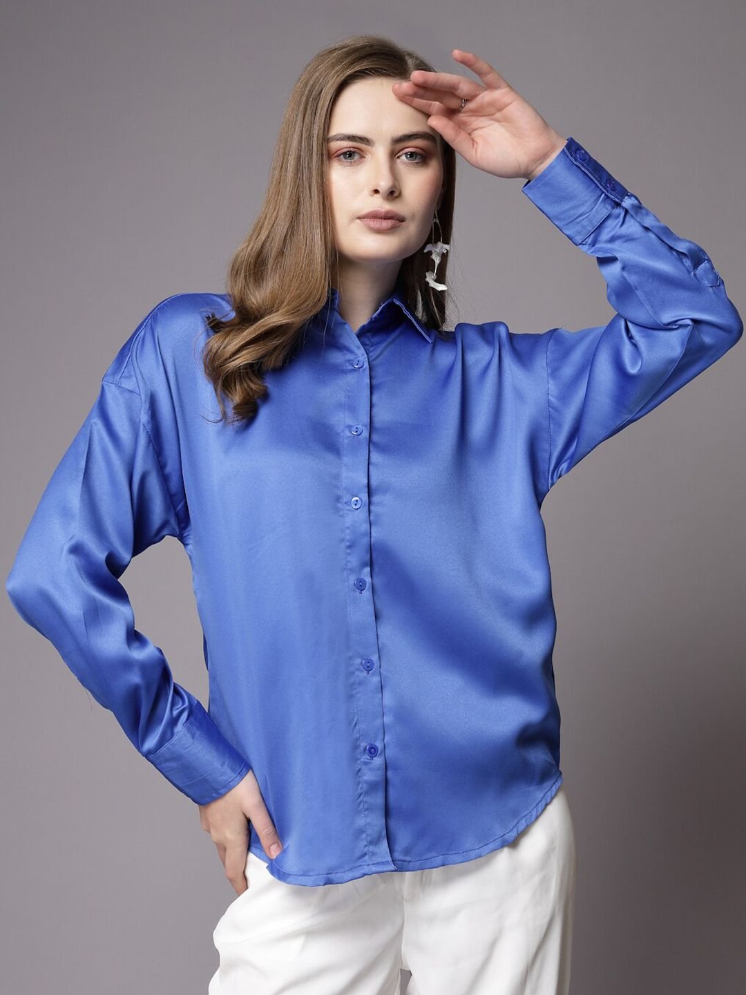 Blue Solid Long Sleeves Oversized Shirt