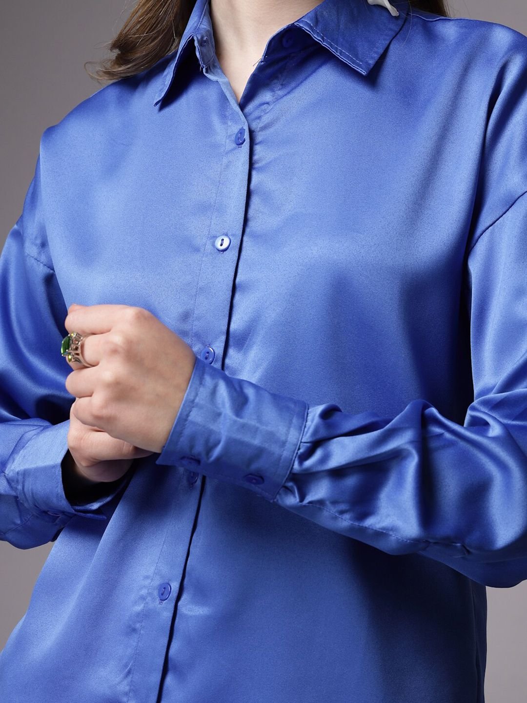 Blue Solid Long Sleeves Oversized Shirt