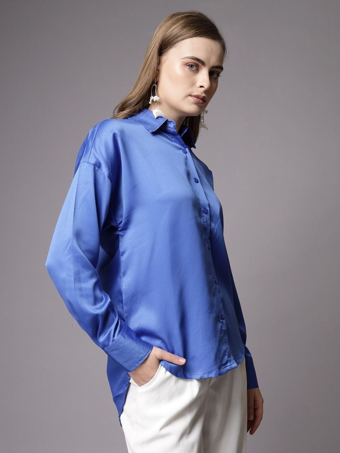 Blue Solid Long Sleeves Oversized Shirt