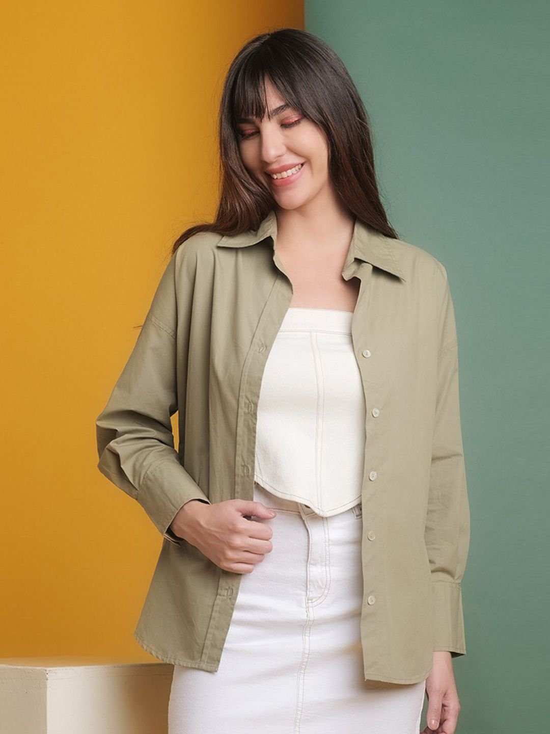 Green Solid Long Sleeves Regular Shirt