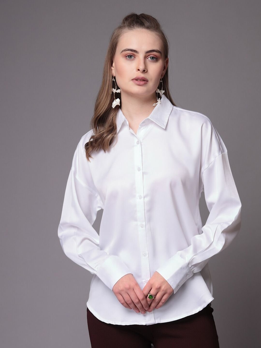 White Solid Long Sleeves Oversized Shirt