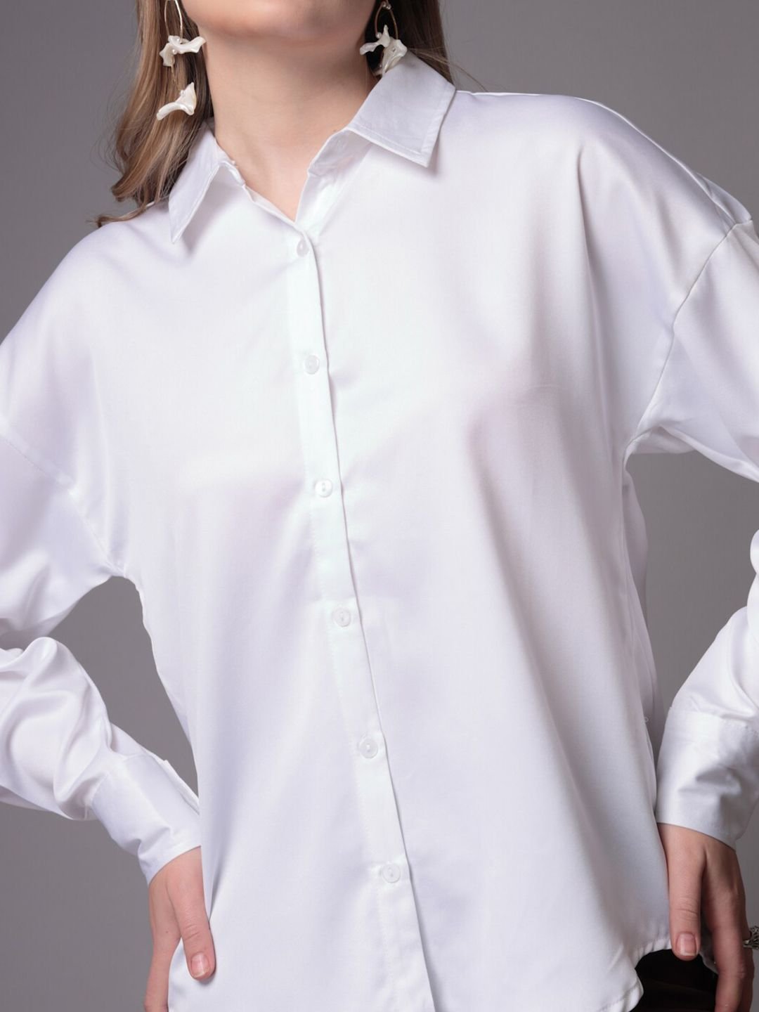 White Solid Long Sleeves Oversized Shirt