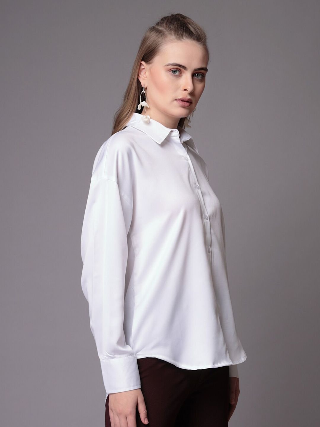 White Solid Long Sleeves Oversized Shirt