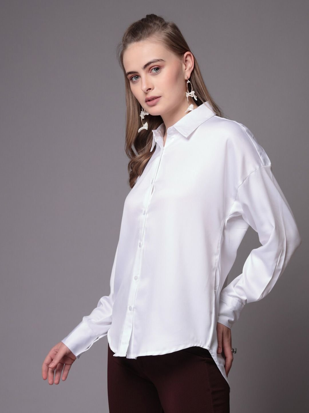 White Solid Long Sleeves Oversized Shirt