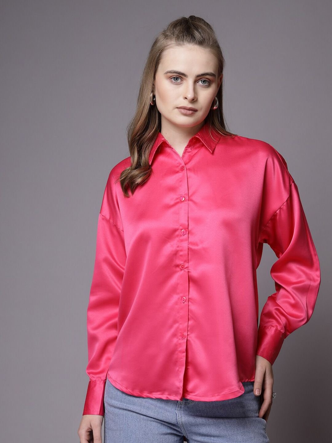 Pink Solid Long Sleeves Oversized Shirt