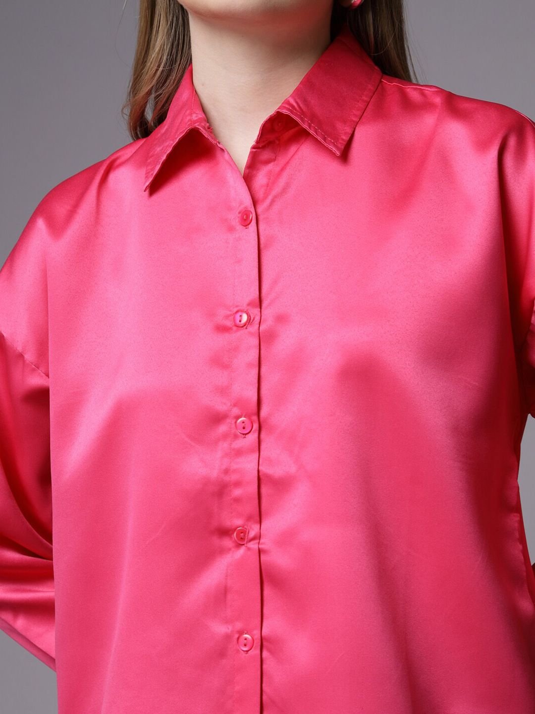 Pink Solid Long Sleeves Oversized Shirt