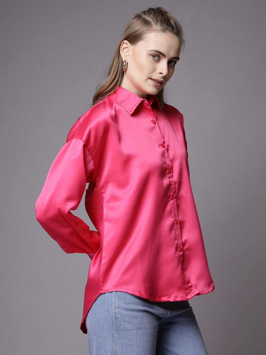 Pink Solid Long Sleeves Oversized Shirt