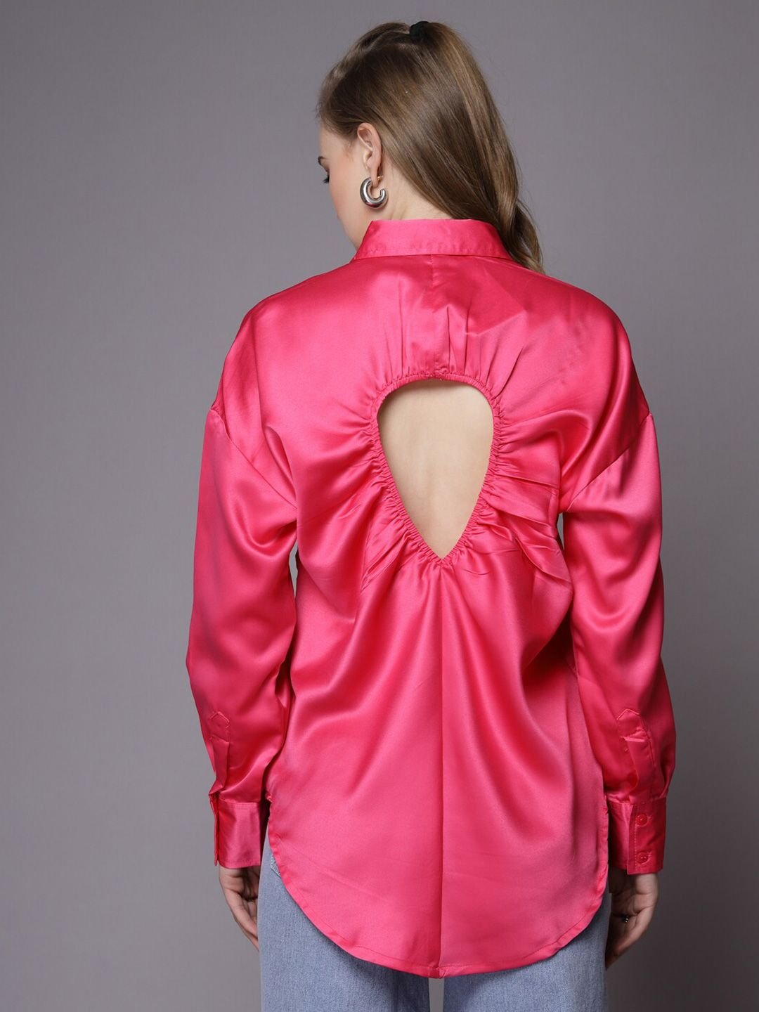 Pink Solid Long Sleeves Oversized Shirt