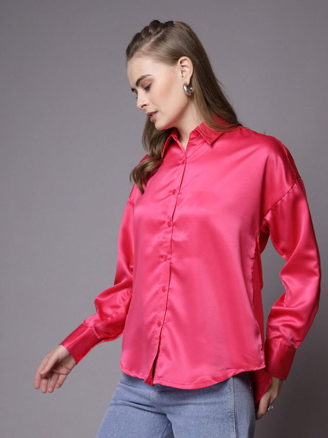 Pink Solid Long Sleeves Oversized Shirt