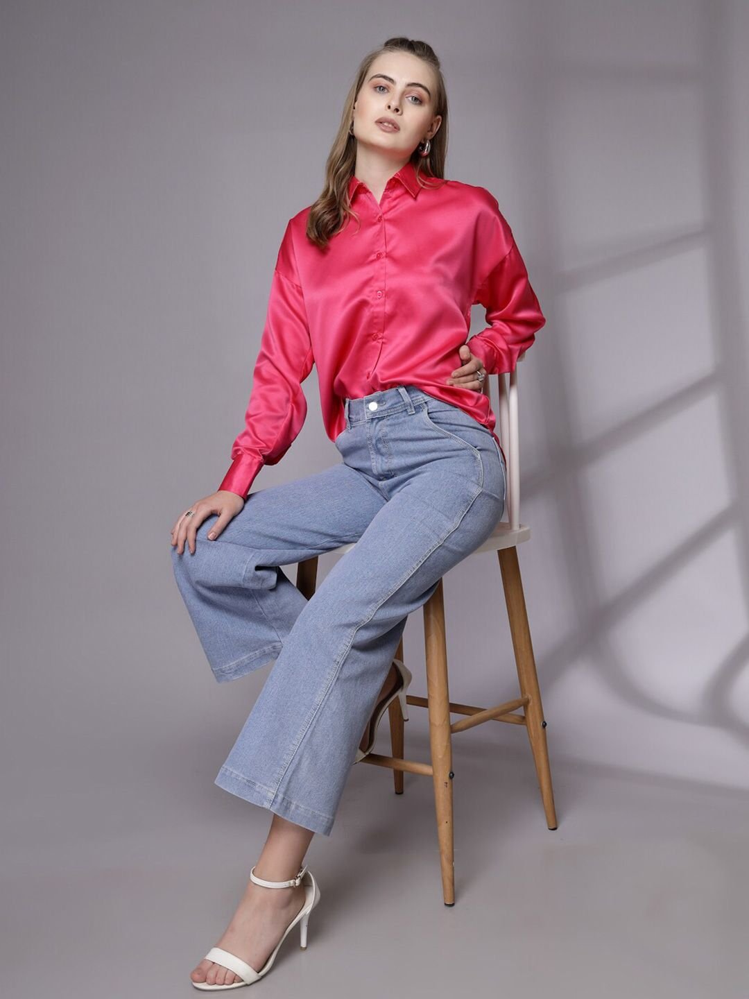 Pink Solid Long Sleeves Oversized Shirt