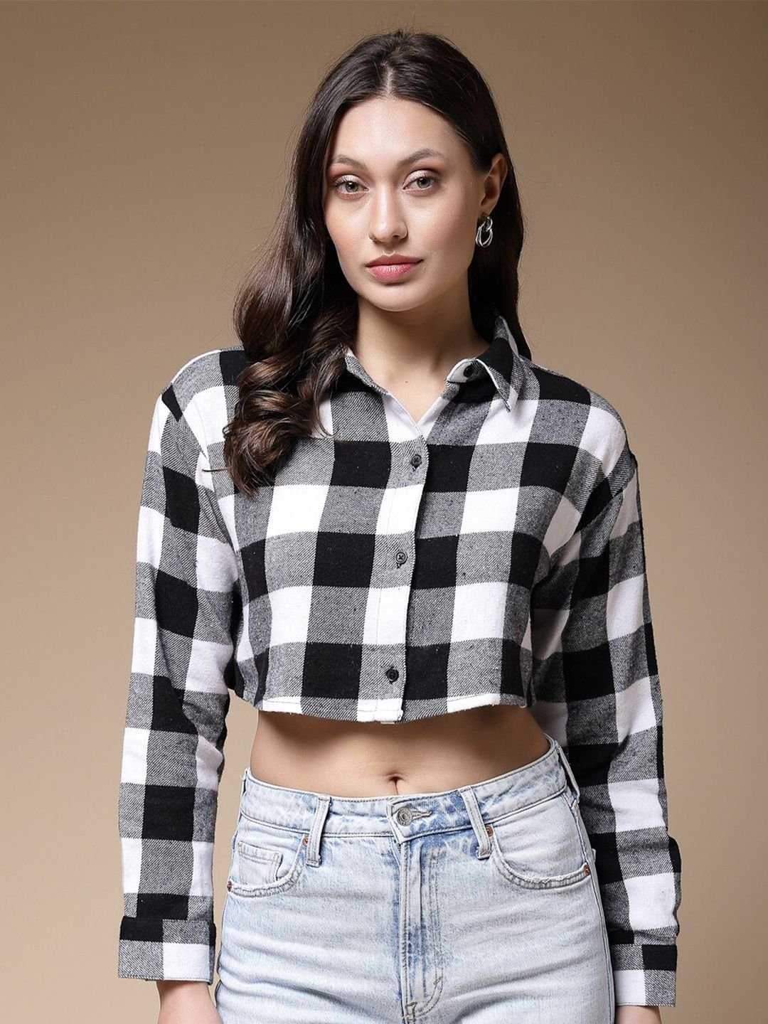 Monochrome Checked Long Sleeves Regular Shirt