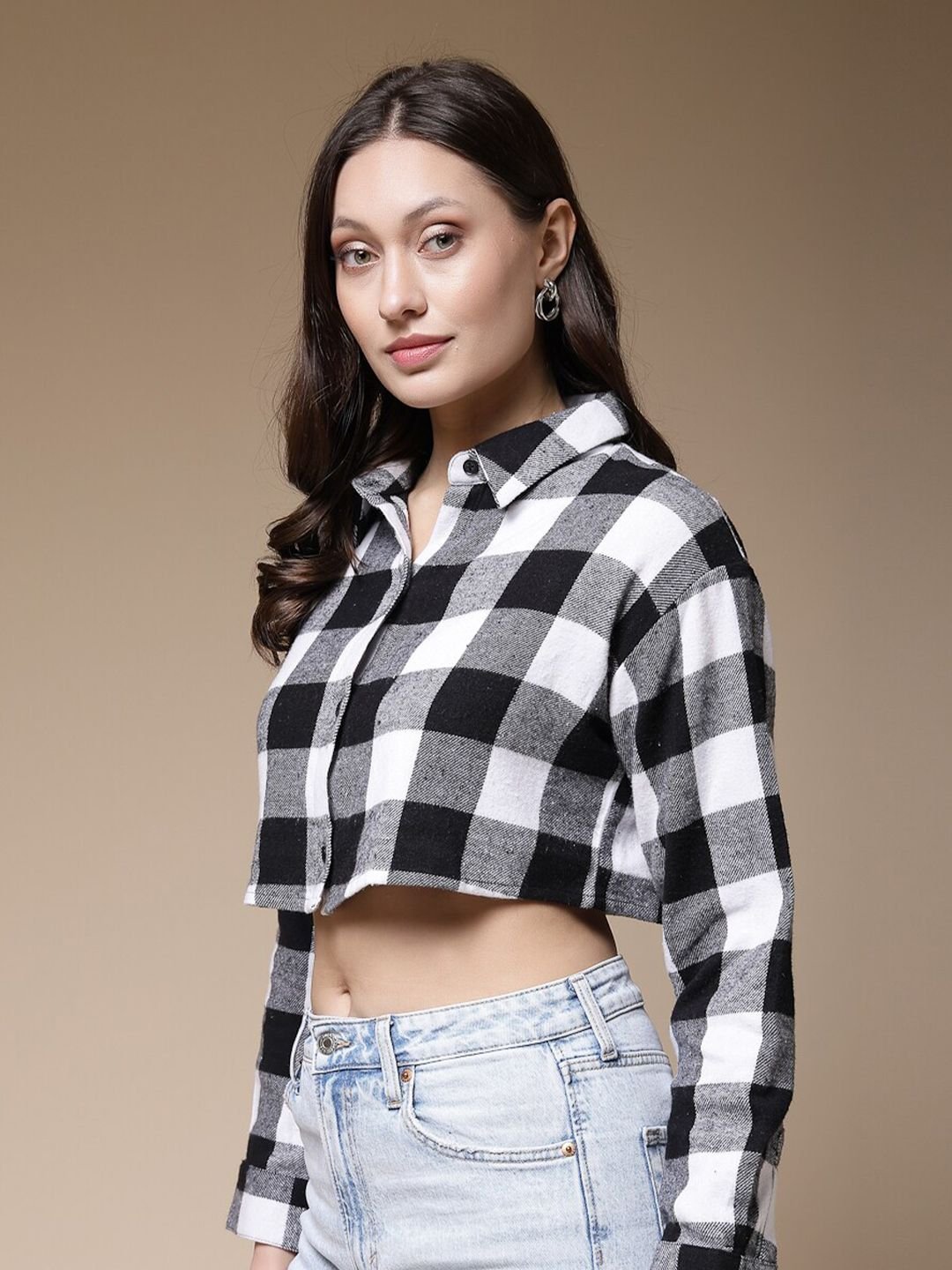 Monochrome Checked Long Sleeves Regular Shirt