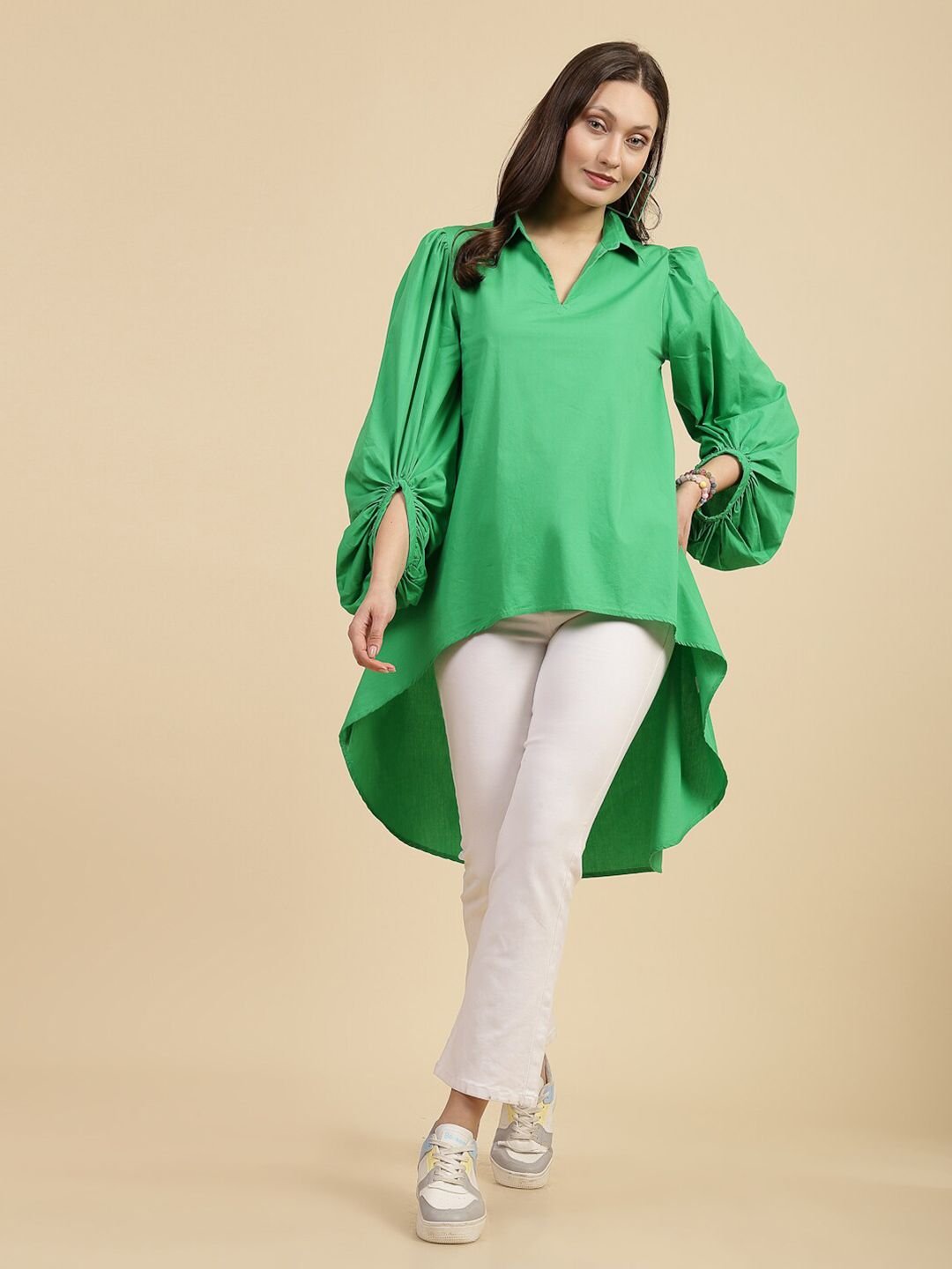 Green Solid Long Sleeves Relaxed Shirt