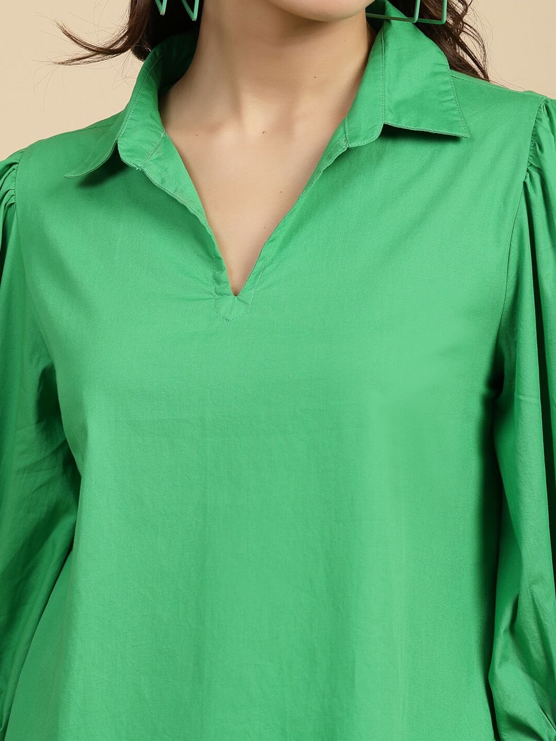Green Solid Long Sleeves Relaxed Shirt