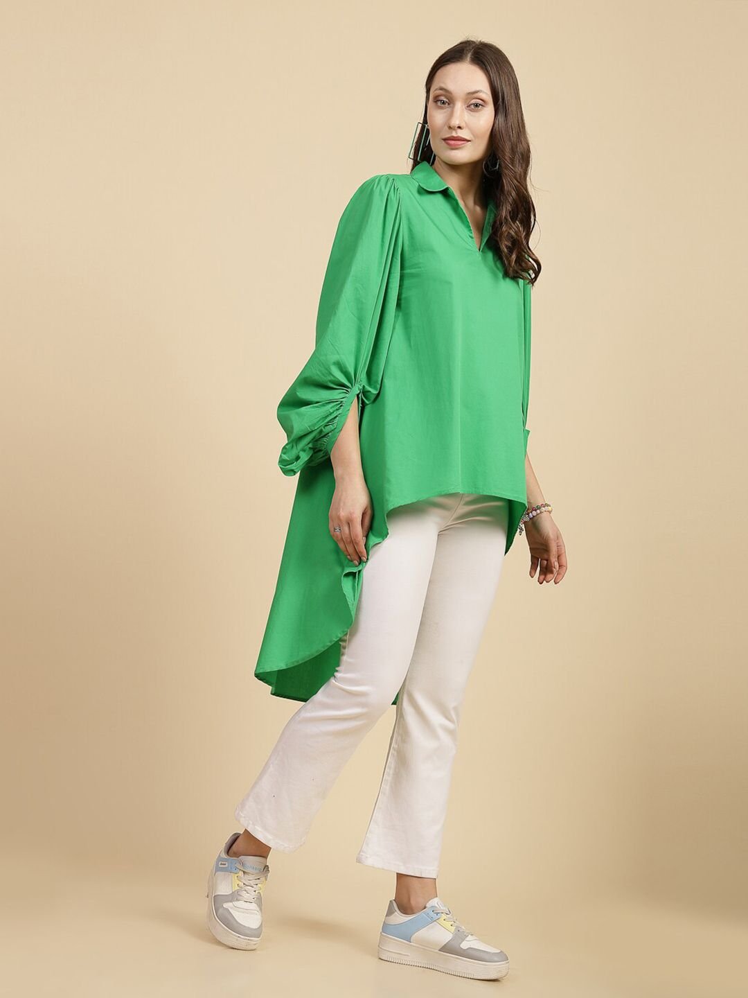 Green Solid Long Sleeves Relaxed Shirt