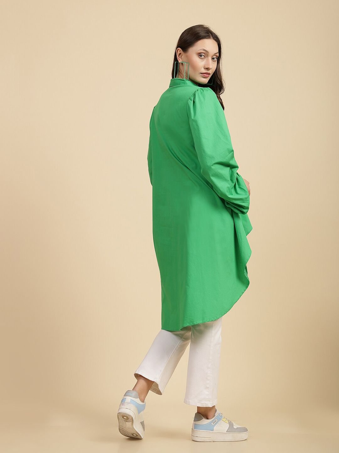 Green Solid Long Sleeves Relaxed Shirt